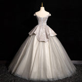 Niulatu Grey A-line Off-shoulder Neck Sequin Tulle Long Prom Dress, Elegant Formal Dress HZ1108