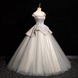 Niulatu Grey A-line Off-shoulder Neck Sequin Tulle Long Prom Dress, Elegant Formal Dress HZ1108