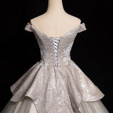 Niulatu Grey A-line Off-shoulder Neck Sequin Tulle Long Prom Dress, Elegant Formal Dress HZ1108