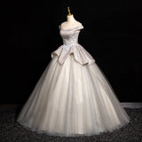 Niulatu Grey A-line Off-shoulder Neck Sequin Tulle Long Prom Dress, Elegant Formal Dress HZ1108