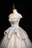 Niulatu Grey A-line Off-shoulder Neck Sequin Tulle Long Prom Dress, Elegant Formal Dress HZ1108