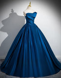 Niulatu A-line Strapless Satin Long Prom Dress, Blue Formal Dress HZ1108