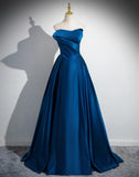Niulatu A-line Strapless Satin Long Prom Dress, Blue Formal Dress HZ1108