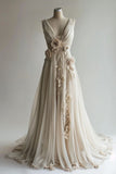 Niulatu V-Neck Beaded Chiffon Long Prom Dress, Vintage Applique Wedding Dress HZ1026