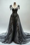 Niulatu Appliques A-line V-neck Lace Tulle Sequin Long Prom Dress, Dark Gray Formal Evening Gowns HZ1026