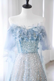 Niulatu A-line Off-the-shoulder Sequin Tulle Long Prom Dress, Blue Formal Dress HZ1108
