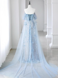 Niulatu A-line Off-the-shoulder Sequin Tulle Long Prom Dress, Blue Formal Dress HZ1108