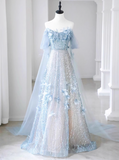 Niulatu A-line Off-the-shoulder Sequin Tulle Long Prom Dress, Blue Formal Dress HZ1108
