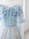 Niulatu A-line Off-the-shoulder Sequin Tulle Long Prom Dress, Blue Formal Dress HZ1108