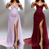 Niulatu Strapless Shiny Beaded Sequin Long Prom Dresses Formal Evening Dresses With Slit HZ1026