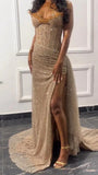 Niulatu Strapless Shiny Beaded Sequin Long Prom Dresses Formal Evening Dresses With Slit HZ1026