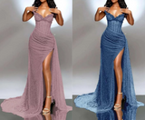 Niulatu Strapless Shiny Beaded Sequin Long Prom Dresses Formal Evening Dresses With Slit HZ1026