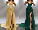 Niulatu Strapless Shiny Beaded Sequin Long Prom Dresses Formal Evening Dresses With Slit HZ1026