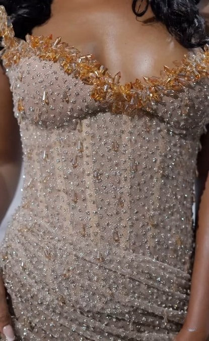 Niulatu Strapless Shiny Beaded Sequin Long Prom Dresses Formal Evening Dresses With Slit HZ1026