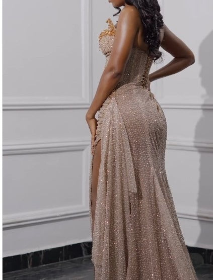 Niulatu Strapless Shiny Beaded Sequin Long Prom Dresses Formal Evening Dresses With Slit HZ1026