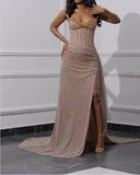 Niulatu Strapless Shiny Beaded Sequin Long Prom Dresses Formal Evening Dresses With Slit HZ1026