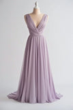 Niulatu Purple A-line V-neck Chiffon Long Prom Dress Simple Bridesmaid Dress HZ1108