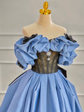 Niulatu Off Shoulder Satin Blue Long Prom Dress, Blue Long Formal Dress HZ1108