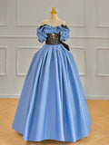 Niulatu Off Shoulder Satin Blue Long Prom Dress, Blue Long Formal Dress HZ1108