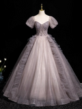 Niulatu A-line V-neck Tulle Sequin Long Prom Dress, Purple Formal Dress HZ1108