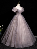 Niulatu A-line V-neck Tulle Sequin Long Prom Dress, Purple Formal Dress HZ1108