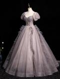 Niulatu A-line V-neck Tulle Sequin Long Prom Dress, Purple Formal Dress HZ1108