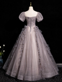 Niulatu A-line V-neck Tulle Sequin Long Prom Dress, Purple Formal Dress HZ1108