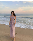 Niulatu retro purple sequined stitching suspender dress HZ1108