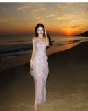 Niulatu retro purple sequined stitching suspender dress HZ1108