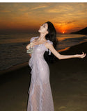 Niulatu retro purple sequined stitching suspender dress HZ1108