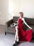 Niulatu Burgundy A-line suspender dress HZ1108