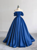 Niulatu Off Shoulder Satin Dark Blue Long Prom Dress, Dark Blue Long Formal Dress HZ1026