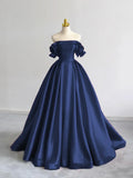 Niulatu Off Shoulder Satin Dark Blue Long Prom Dress, Dark Blue Long Formal Dress HZ1026