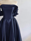 Niulatu Off Shoulder Satin Dark Blue Long Prom Dress, Dark Blue Long Formal Dress HZ1026