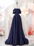 Niulatu Off Shoulder Satin Dark Blue Long Prom Dress, Dark Blue Long Formal Dress HZ1026