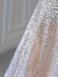 Niulatu Spaghetti Strap Tulle Sequins Long Prom Dress, Sweet 16 Dress HZ1108