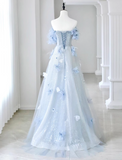 Niulatu A-line Off-the-shoulder Tulle Sequins Long Prom Dress, Blue Long Formal Dress HZ1108
