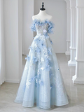 Niulatu A-line Off-the-shoulder Tulle Sequins Long Prom Dress, Blue Long Formal Dress HZ1108