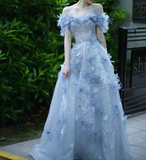 Niulatu A-line Off-the-shoulder Tulle Sequins Long Prom Dress, Blue Long Formal Dress HZ1108