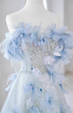 Niulatu A-line Off-the-shoulder Tulle Sequins Long Prom Dress, Blue Long Formal Dress HZ1108