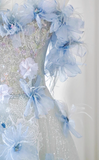 Niulatu A-line Off-the-shoulder Tulle Sequins Long Prom Dress, Blue Long Formal Dress HZ1108