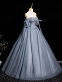 Niulatu Blue A-line Off-the-shoulder Tulle Beaded Long Prom Dress, Gray Blue Long Formal Dress HZ1108