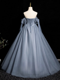 Niulatu Blue A-line Off-the-shoulder Tulle Beaded Long Prom Dress, Gray Blue Long Formal Dress HZ1108