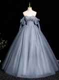 Niulatu Blue A-line Off-the-shoulder Tulle Beaded Long Prom Dress, Gray Blue Long Formal Dress HZ1108