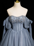 Niulatu Blue A-line Off-the-shoulder Tulle Beaded Long Prom Dress, Gray Blue Long Formal Dress HZ1108