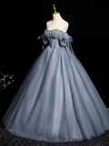 Niulatu Blue A-line Off-the-shoulder Tulle Beaded Long Prom Dress, Gray Blue Long Formal Dress HZ1108