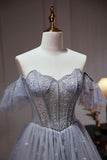 Niulatu Tulle Dusty Blue Long Prom Dress, Dusty Blue Formal Dress HZ1108