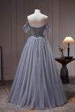 Niulatu Tulle Dusty Blue Long Prom Dress, Dusty Blue Formal Dress HZ1108