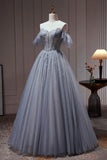 Niulatu Tulle Dusty Blue Long Prom Dress, Dusty Blue Formal Dress HZ1108