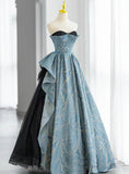 Niulatu A-line Strapless Black Tulle Long Prom Dress, Formal Prom Dress HZ1108